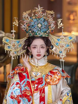 Луксозен Ретро Китайската Короната За Коса От Династията Мин Супер Голям Синя Рокля Xiuhe Dragon Phoenix Сватбена Концерта Аксесоари За Коса
