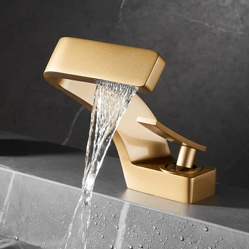 Месинг смесител за мивка Tianview златен творчески водопад домашна мивка с един дупка, мивка, мивка за измиване, смесителна батерия за топла и студена вода