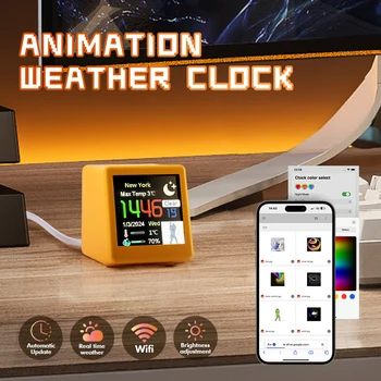 Метео часовници, WiFi, умна настолна метеорологичната станция, LCD цифров часовник с led дисплей 1,5 инча, анимация, електронен албум, температура и влажност на въздуха със собствените си ръце