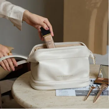 Модни голям женствена чанта за тоалетни принадлежности, двупластова чанта за грим, ново голямо преносимо съхранение Travel Cloud Премиум-клас