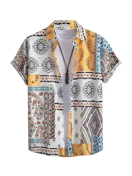 Мъжка риза с къс ръкав с геометричен модел, реколта градинска риза с флорална принтом, летен топ за почивка на плажа