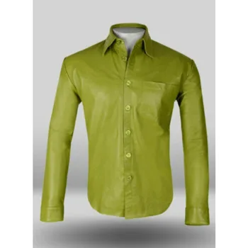 Мъжки базова риза от зелена кожа, мека реколта риза Slim Fit от естествена овча кожа, европейски и американски модни тенденции