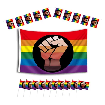Набор от Преливащи знамена Гордост ЛГБТК с силово юмрук, вдъхновен от Черно-кафяв гей-флага Филаделфия, Определени с флага Гордост 3x5 фута