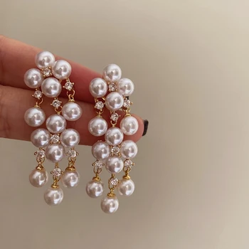 Нежни френски реколта обеци с перли, Луксозни дълги обеци-клипове с кристали и кичури, без пиърсинг за жени, за сватба