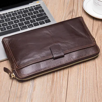 Нов модерен кожен дълъг чантата си голям капацитет, с няколко карти, мъжки анти-кражба на чанта за салфетки