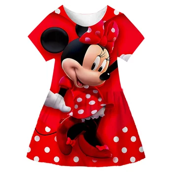 Нова Лятна рокля за Малки момичета 2023 г., Розово-червена рокля с Мини Маус за момичета, Ежедневни Модни Детски Дрехи, премяна