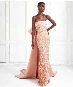 Нова розова вечерна рокля-калъф за бала 2023 без презрамки, расшитое блясък, Сатен, лък с Дължина до пода, Дамски официални рокли за рожден ден Robe De Soiree