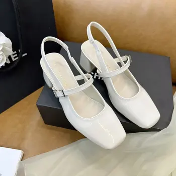 Нови дамски обувки на нисък ток 2024 г., модни дамски обувки в стил ретро с квадратна глава, за партита, универсални високи обикновена сандали, Ежедневни обувки