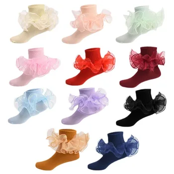 Памучни Мрежести чорапи дишащи принцеса с кружевными волани, Къси чорапи на щиколотке, Бели, Розови, Лилави,, За момиченца,, За деца, за танци