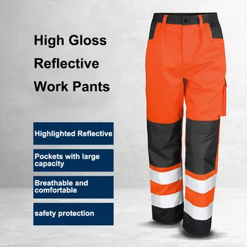 Панталони в светлоотразяващите ивица, памучни строителни работници панталони с много джобове, мъжки панталони за пътна работно облекло Ouddoor, защитни панталони-cargo