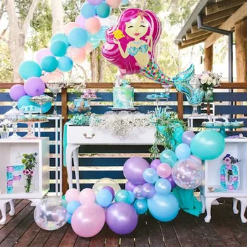 Парти по Случай рождения Ден момичета, декорация на партита под формата на русалки, Банер с балони, Венец честит рожден Ден, банер във формата на опашка на Русалка, интериор за детската душа