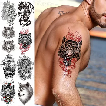 Племенни реалистични временни татуировки Тигър За мъже и жени, Дракон, Лъв, Пиратски Череп, Вълк, фалшива татуировка, стикер на ръка отзад, татуировки