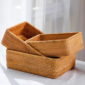 Правоъгълни кошница за съхранение от ратан 3 размера, плетени кошници, ръчно изработени, за декор, тава за плодове и кутия за съхранение на закуски