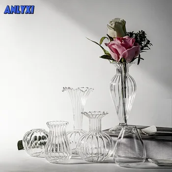 Прозрачна стъклена ваза в скандинавски стил, творчески Набор от цветни аранжировки ивица, Украса на работния плот, Декорация за дома, Стъклена ваза