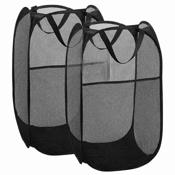 -Сгъваема кошница за дрехи (по 2 бр.) Сгъваема окото количка за мръсно бельо с дръжка (черен)
