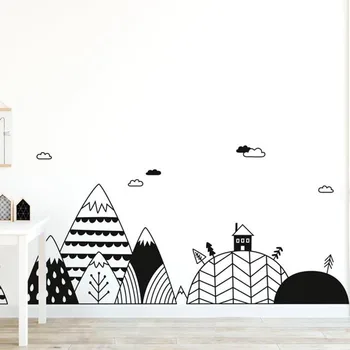 Скандинавските планини и хълмове Стикер на стената Спалня, Детска стая, Nordic Mountain Дърво Облак Селски Стикер на стената Винил декор