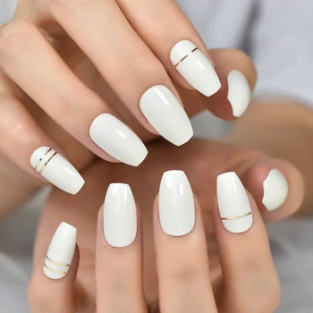Средната ковчег в Бял цвят С тънки линии, плътен цвят, чист гланц маникюр, наклеенный на върховете на ноктите, отгоре на ноктите, дизайнерски режийни ноктите-висящи