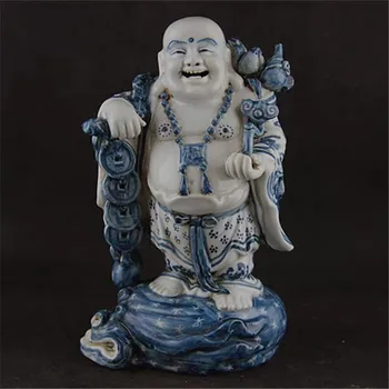 Стара порцеланова статуетка от бял и син порцелан китайската династия Цин-Буда, който дава пари, безплатна доставка