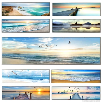 Съвременно Изкуство Пейзаж Плакат Морска Вълна Плажа на Залез слънце Боядисване на Стенни Декоративни Щампи Върху Платно Природа, Морски Пейзаж Картини за Дома