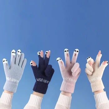 Топли дебели ръкавици по целия пръст, зимни дамски сладки мультяшные вълнени плетени калъф за ръкавици за езда, ръкавици за сензорен екран с отворен пръст