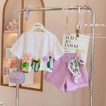 Търговците на дребно 2023 нови летни модни комплекти за малки момичета, в началото на с цветен модел + лилави шорти 3-8 Т
