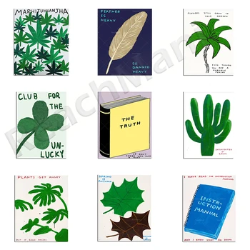 Художествени плакати Дейвид Шригли, книги за съвременното изкуство, копчета, пера, листа от растения, стенни щампи върху платното за хол